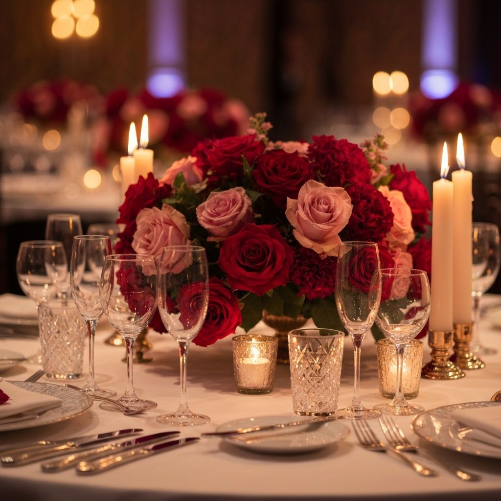 Elegant event table setting with floral centerpiece